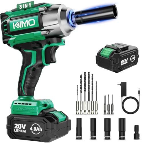 KIMO Impact Wrench 1/2 Cordless, 550N.m (410ft-lbs), 4000RPM/3500IPM, 9-Piece Drill & Driver Set, 4 Sockets1/2 Impact Gun for Car Tires, Safety Lock, Variable Modes, 4000mAh Battery 20V Impact Driver - color: Dark Green