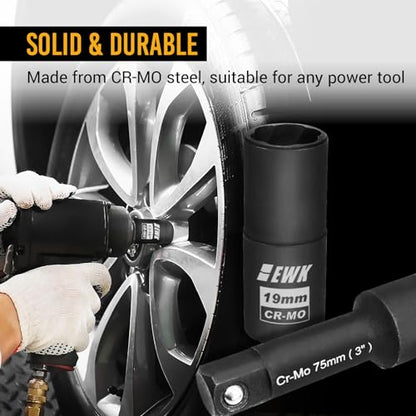 EWK 1/2-inch Drive Lug Nut Remover, 6 Pcs Impact Flip Socket Set (17, 19, 21 mm, 13/16", 7/8"), 6-Point & Twist Socket, Stripped/Rounded Bolt Extractor Removal Tool with 3" Extension Bar - style: Hex/ Twist Dual-end Socket Set