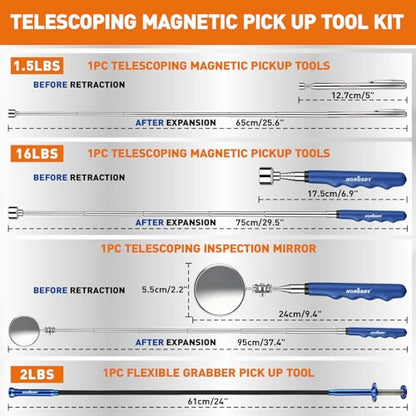 HORUSDY 4PCS Telescoping Magnetic Pick Up Tool Kit, Magnetic Sweepers Set with 360° Inspection Mirror, 2 Telescoping Magnetic Pickup Tools (5–25.6/6.9–29.5 in) & 24 in Flexible Claw Grabber - style: 4PCS Telescoping Magnetic Pick Up Tool Kit