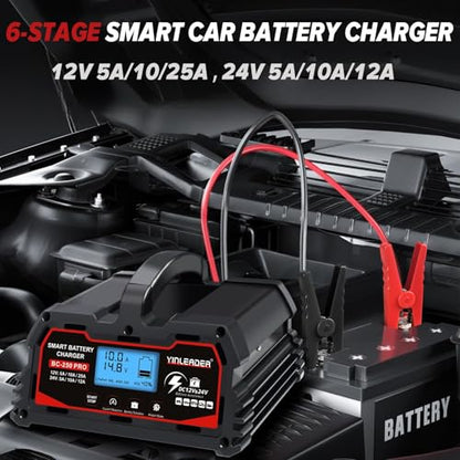 Battery Charger 25A, 12V/24V Lead Acid Smart Battery Charger, 12V LiFePO4 Car Battery Trickle Charger, Automatic Battery Maintainer for Car Motorcycle Lawn Mower Marine Boat Lead Acid Batteries - size: 25A