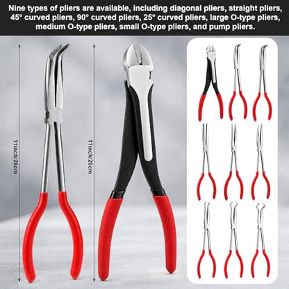 9 Piece 11 Inch Long Reach Pliers Set 45° 90° Bent, Circle, Diagonal Carbon Steel Needle Nose Pliers for Narrow Spaces and Limited Areas (Red) - color: Red