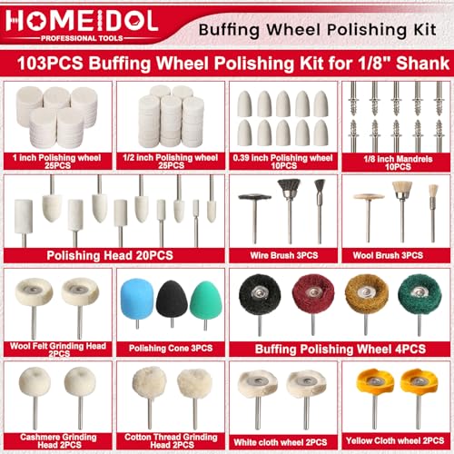 103PCS Buffing Wheel for Dremel Polishing Kit, HOMEIDOL 1/8" Shank Polishing Wheel for Dremel Tool Accessories, Abrasive Wheel Buffing Wire Brush Woolen Brush Rotary Polish Bits - style: 103PCS Buffing Wheels