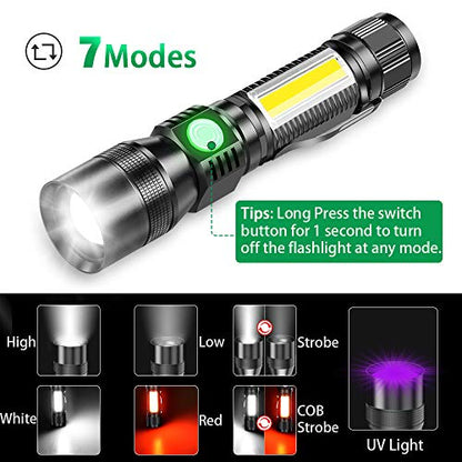 Blacklight flashlights, 3 in-1 Rechargeable Flashlights, UV Light Magnetic LED Flashlight High Lumens, 7 Mode Emergencies Camping flashlight, Tactical Waterproof Flash Light for Pet Urine Detection - color: 2pack flashlight