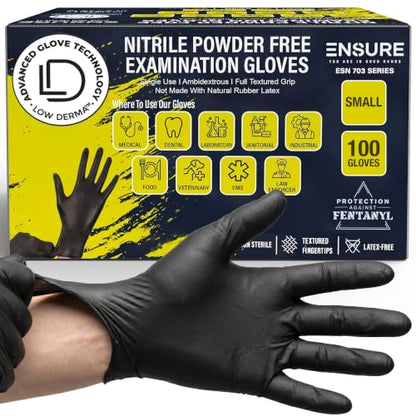 Ensure Black Nitrile Gloves – 7 Mil Heavy-Duty Disposable Gloves, Low Dermatitis, Powder & Latex Free, Puncture & Chemical Resistant for Mechanic, Industrial, Food Service, Medical Use (100, Small) - size: Small