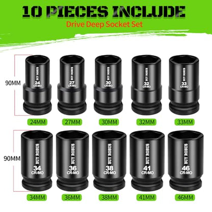 10 Pieces 1-Inch Drive Deep Impact Socket Set, 24mm, 27mm, 30mm, 32mm, 33mm, 34mm, 36mm, 38mm, 41mm,46mm CR-MO, Metric, 6-Point, Heavy Duty Wheel Impact Socket Set - color: 10pcs 1" Metric 27mm-41mm