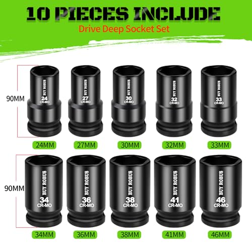 10 Pieces 1-Inch Drive Deep Impact Socket Set, 24mm, 27mm, 30mm, 32mm, 33mm, 34mm, 36mm, 38mm, 41mm,46mm CR-MO, Metric, 6-Point, Heavy Duty Wheel Impact Socket Set - size: 10-Piece 1" Metric (24mm - 46mm) Impact Socket Set