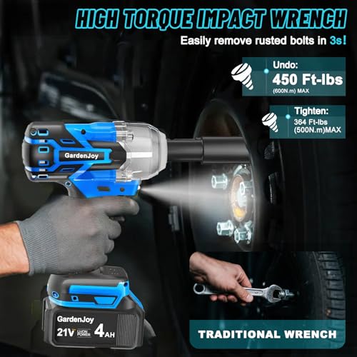 GardenJoy Cordless Impact Wrench, 1/2" 450Ft-lbs, 4.0Ah Battery & 4 Sockets | 600N.m Max Torque, with Fast Charger, for Car Tire Lug Nut Removal & Maintenance Tasks