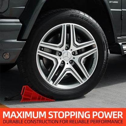 Homeon Wheels RV Camper Large Wheel Chocks Extra Wide with Handle and Rope for Travel Trailers, Cars, Tire Chocks Blocks 2 Packs Hard Plastic Heavy Duty(Red) - color: Red Large Chocks