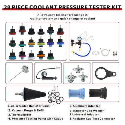 28 Pcs Universal Radiator Pressure Tester Kit,Coolant Pressure Tester kit with 13 Radiator Adapters,Precise Coolant Leak Detector for All Vehicle Cooling System - size: 28PCS