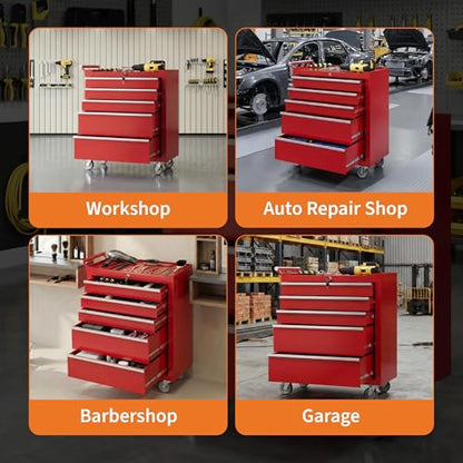 Rolling Tool Box with Wheels – 5 Drawer Heavy Duty Tool Chest Cabinet, Lockable Portable Storage Organizer with Drawer Liners, Mobile Mechanic Toolbox for Garage, Workshop, Shop, Easy Assembly, Red