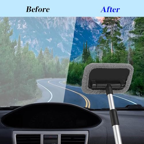 Car Windshield Cleaning Tool, Microfiber Window Cleaner with Washable and Reusable Cloth Pad & Long Handle, Universal Car Accessories Auto Glass Wiper Kit for Interior & Exterior Cleaning