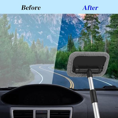 Car Windshield Cleaning Tool, Microfiber Window Cleaner with Washable and Reusable Cloth Pad & Long Handle, Universal Car Accessories Auto Glass Wiper Kit for Interior & Exterior Cleaning