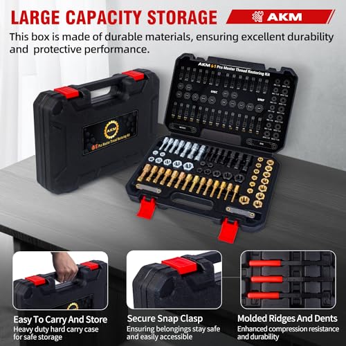 AKM 61Pcs Thread Restorer Kit, Rethread Repair Tool, UNC UNF & MetricThread Chaser Set with Thread Pitch Gauge