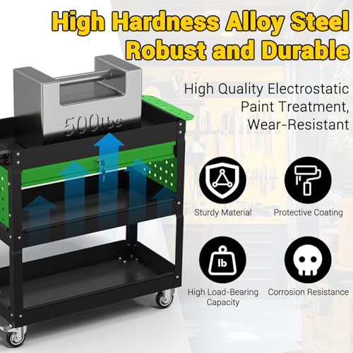 3 Tier Rolling Tool Cart on Wheels, 550 LBS Tool Cart with Drawers，Heavy Duty Utility Cart with Pegboard and Hooks，Mechanic Tool Storage Cart for Garage, Warehouse (Black-Green) - color: Black-green