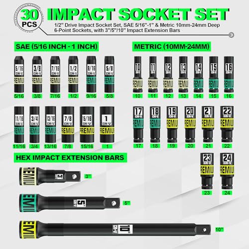 30PCS 1/2" Drive Impact Socket Set, SAE (5/16"- 1") and Metric (10mm-24mm) Deep Socket, Including Impact Extension Bar 3 ", 5", 10", 6 Point, Suitable for Automotive and Machinery - size: 1/2" 30pcs