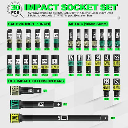 30PCS 1/2" Drive Impact Socket Set, SAE (5/16"- 1") and Metric (10mm-24mm) Deep Socket, Including Impact Extension Bar 3 ", 5", 10", 6 Point, Suitable for Automotive and Machinery - size: 1/2" 30pcs