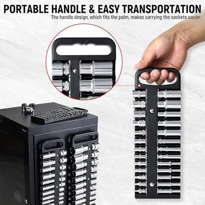 Reniteco Magnetic Socket Organizer Set, 3-Pack, 1/4" 3/8" 1/2" Socket Tray | 76-Socket Capacity, 1/4" 22 Pallets, 3/8" 28 Pallets, 1/2" 26 Pallets, Fits Shallow & Deep Sockets, Sockets Not Included - color: Black