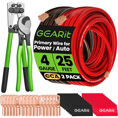 GEARit 4 Gauge Amp Wiring Kit, 25ft Red & 25ft Black (50 feet Total) CCA 4 AWG Battery Cable with Crimping Tool, Cable Cutter, 15 Lugs & 20 Heat Shrink Tubes for Car Audio, RV, Trailer, Inverter - color: 4 Gauge Wire, size: Black/Red Each - (5 in 1 Kit)