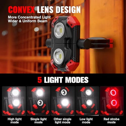 Adelante Rechargeable Work Lights 2 Pack, 2500LM, Magnetic Base, 360° Stand | 6500K, 5 modes, 4000mAh battery, up to 12 hr runtime, 4-hr USB-C charge, USB-A output, IPX4 water resistance for repairs