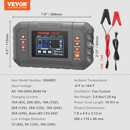 VEVOR Smart Battery Charger, 35-Amp, Lithium LiFePO4 Lead-Acid (AGM/Gel/SLA) Car Battery Charger with LCD Display, Trickle Charger Maintainer Desulfator for Boat Motorcycle Lawn Mower Deep Cycle - size: 7.9 x 4.5 x 2.12 in