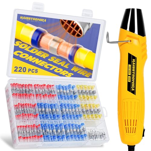 haisstronica 220 PCS Solder Seal Wire Connectors with Mini Heat Gun Kit, Waterproof Heat Shrink Wire Connectors, 10-26 AWG Solder Stick Wire Connectors for Automotive, Marine & Wiring Repair - size: 220PCS