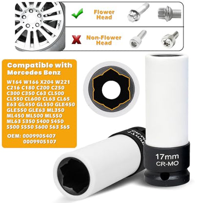 5Pcs Lug Nut Socket Set, 1/2" Drive Metric 17mm 19mm 21mm 22mm | Include Benz Convex Flower Head Bolt, Thin Wall Deep Socket Set with Non-Marring Wheel Protectors Automotive Wheel Nut Socket - color: 5pcs