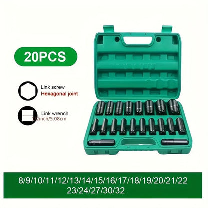 20 PCS 1/2" Drive Metric Deep-impact Socket Set, 8mm-32mm, Extended Hex Socket Set For Electric Wrenches, Pneumatic Hex Sockets, Suitable For Electric Wrench Sockets, Automotive Repair And Nut Tools