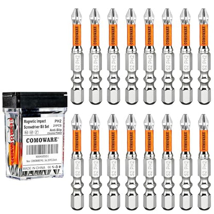 COMOWARE 2 Inch PH2 High Magnetic Impact Screwdriver Drill Bit Set, 21PCS, #2 Anti-Slip Phillips Bits, S2 Steel, Chrome Plated Driver Bit Set with CNC Magnetic Impact Bits for Power Drill - color: Ph2 21pcs Chrome-plated