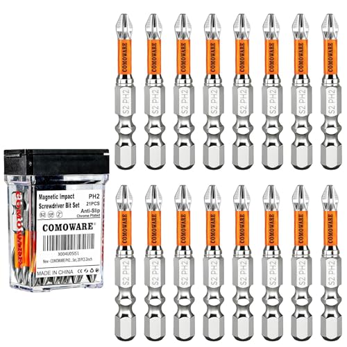 COMOWARE 2 Inch PH2 High Magnetic Impact Screwdriver Drill Bit Set, 21PCS, #2 Anti-Slip Phillips Bits, S2 Steel, Chrome Plated Driver Bit Set with CNC Magnetic Impact Bits for Power Drill - color: Ph2 21pcs Chrome-plated