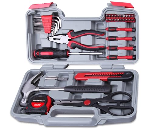 CARTMAN 39-Piece Household Tool Set, Red Hand Kit With Storage Case | Complete assortment for home repairs, DIY projects, furniture setup, crafting, and daily household fixes in toolbox. - color: Red