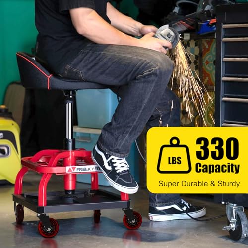Rolling Stool with Red Wheels, Heavy Duty Garage Work Mechanic Rolling Shop Stool with Backrest, Adjustable Height 360°Swivel Roller Mechanic Chair with 2 Tool Trays, 330 LBS Capacity - color: Red Stool With Red Casters