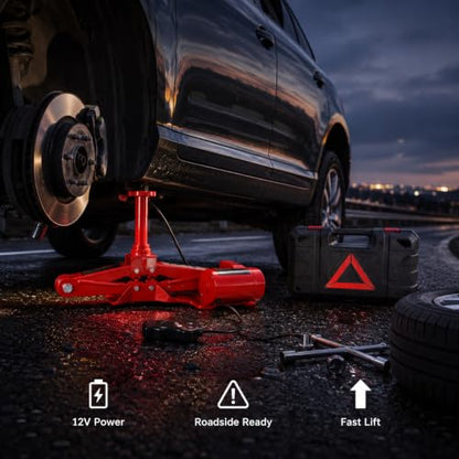 Steel 3 Ton Electric Car Jack Kit, Portable 12v Electric Scissor Jack Featuring Lug Wrench, Safety Stop, and Case, Emergency Tire Changing Tool Kit for Sedan SUV Tire Replacement (Red)