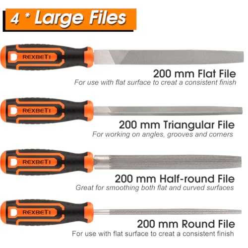REXBETI 25Pcs Metal File Set, Premium Grade T12 Drop Forged Alloy Steel, Flat/Triangle/Half-round/Round Large File and 12pcs Needle Files with Carry Case, 6pcs Sandpaper, Brush, A Pair Working Gloves - style: 25PCS