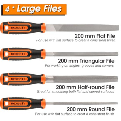 REXBETI 25Pcs Metal File Set, Premium Grade T12 Drop Forged Alloy Steel, Flat/Triangle/Half-round/Round Large File and 12pcs Needle Files with Carry Case, 6pcs Sandpaper, Brush, A Pair Working Gloves - style: 25PCS