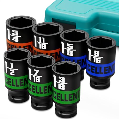 7 Pieces 1/2-Inch Drive Impact Socket Set, 1-3/8" to 1-3/4" Alxe Nut Socket, 6 Point SAE Sockets for Automotive Repair, Equipment Maintenance - size: 1/2 Inch SAE Axle
