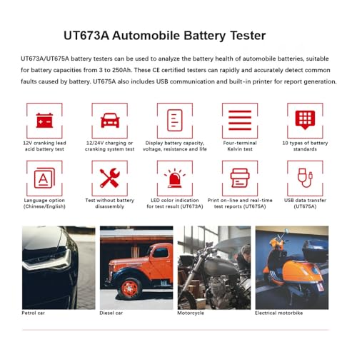 UNI-T UT673A Battery Tester 12V Car Battery Tester,40-2000 CCA Automotive Battery Load Tester,Capacities from 30Ah to 250Ah for Truck Boat Marine SUV ATV Auto Cranking and Charging System Tester - size: UT673A