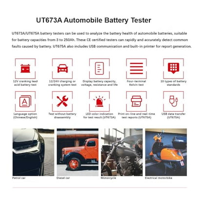 UNI-T UT673A Battery Tester 12V Car Battery Tester,40-2000 CCA Automotive Battery Load Tester,Capacities from 30Ah to 250Ah for Truck Boat Marine SUV ATV Auto Cranking and Charging System Tester - size: UT673A