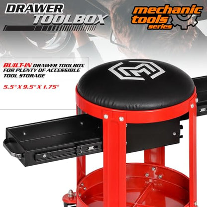 M-AUTO Rolling Workshop Mechanic Stool Creeper Seats with Tool Storage Drawers and Can Holders, 300LbS Garage Rolling Toolbox Stool with Wheels, Work Rolling Stools for Shop or Garage, Red
