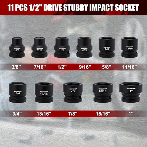 MIXPOWER 11-Piece 1/2" Drive Stubby Impact Socket,CR-MO,3/8"-1",6-Point,SAE,Radius Corner Design, Axle Nut Impact Grade Socket for Easy Removal - size: 1/2" Drive / SAE Set