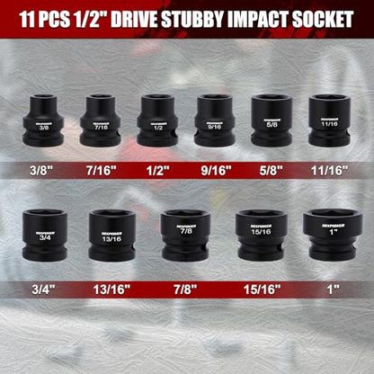 MIXPOWER 11-Piece 1/2" Drive Stubby Impact Socket,CR-MO,3/8"-1",6-Point,SAE,Radius Corner Design, Axle Nut Impact Grade Socket for Easy Removal - size: 1/2" Drive / SAE Set