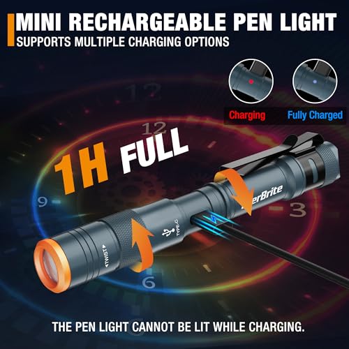 EverBrite 2-Pack Mini Pen Light, Rechargeable Pocket Pen Flashlight with USB C Cable, 4 Light Modes, 300 Lumens Small Flashlight with Clip for Inspection, Repair, Outdoors, Emergency, Deep Blue - color: Deep Blue- 2PK