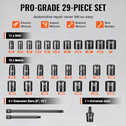 VEVOR 3/8" Drive Impact Socket Set, 29 Piece Shallow Socket Set SAE 3/8"-1" and Metric 8-22mm, 6 Point CR-V Alloy Steel for Auto Repair, Easy-to-Read Size Markings, Rugged Construction, Storage Case - style: 3/8" 29PCS CR-MO