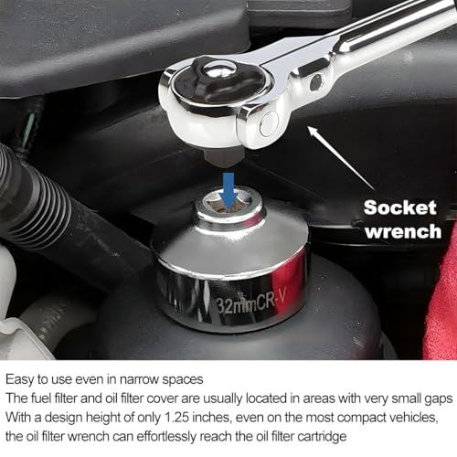 HZEL Car Oil Filter Socket, 32mm 6-Point Vehicle Fuel Pan Wrench Removal Tool, 3/8 Inch Heavy Duty Steel Automotive Drive Oilfilter Cap Accessories Compatible with LaCrosse Captiva Cobalt