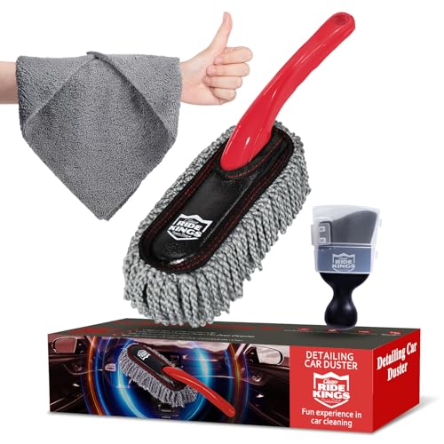 Car Interior Detailing Kit - Red Duster, Black Brush, Towel | Sweeps dust from vents & dash. Soft coral fleece absorbs stains scratch-free. Ideal auto care gift box for narrow gaps. - color: Detailingbrushset