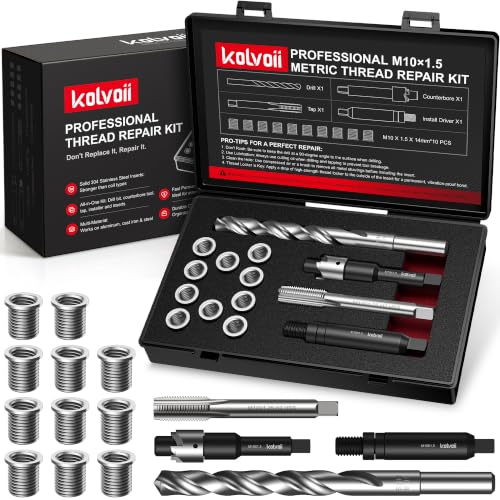 Kolvoii M10 X 1.5 Metric Thread Repair Kit with HSS Drill Bit, Tap, Counterbore and Installation Tool, 10 Solid 304 Stainless Steel Thread Inserts, 14mm Length, for Automotive and DIY Repairs - size: M10x1.5x14mm