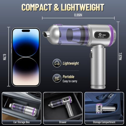 Car Vacuum,Handheld Vacuum,20000PA High Power,3 Speed Vacuum for Car | Rechargeable Vacuum with Brushless Motor,Air Blower & Pump - color: Silver and Purple