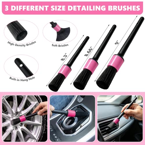 Windshield Cleaning Tool, 13PCS Car Detailing Kit Interior Cleaner, Car Window Cleaner with Extendable Handle, Car Interior Cleaning Kit with Detailing Brushes for Women Men (Pink) - color: pink