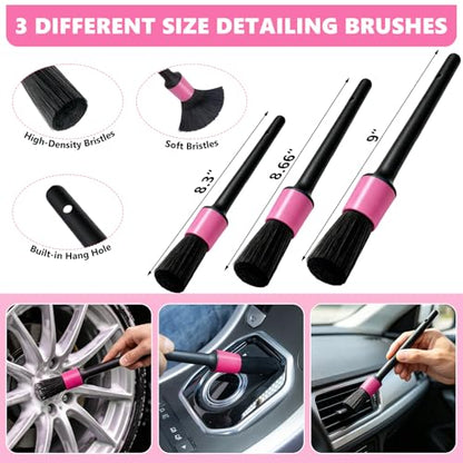 Windshield Cleaning Tool, 13PCS Car Detailing Kit Interior Cleaner, Car Window Cleaner with Extendable Handle, Car Interior Cleaning Kit with Detailing Brushes for Women Men (Pink) - color: pink