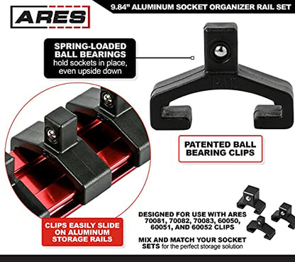 ARES 60079 Red Socket Rail | Part No. 60079; Includes 1/4-Inch, 3/8-Inch, and 1/2-Inch Drive Rails - color: Red, size: 9.84" Aluminum Socket Rail Set
