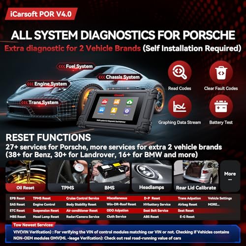 iCarsoft POR V4.0 Bidirectional Diagnostic Tool for Porsche, All System Full Active Tests 27 Services OBD2 Scanner for Porsche, Code Reader, Auto VIN
